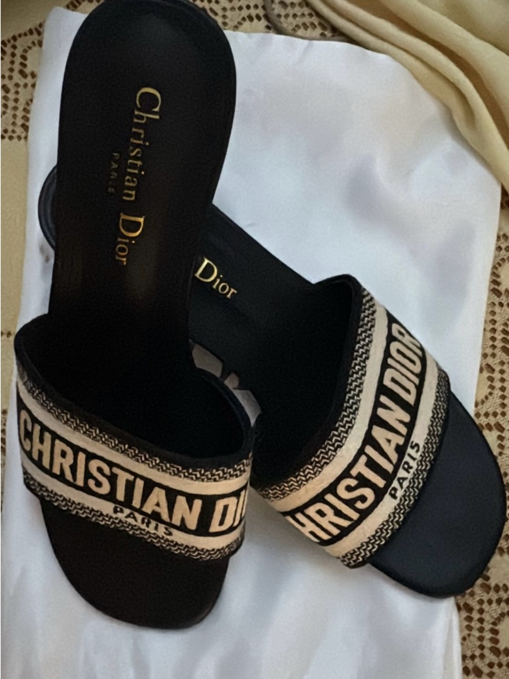 Dior Black and Cream Embroidered Logo Slide Mules